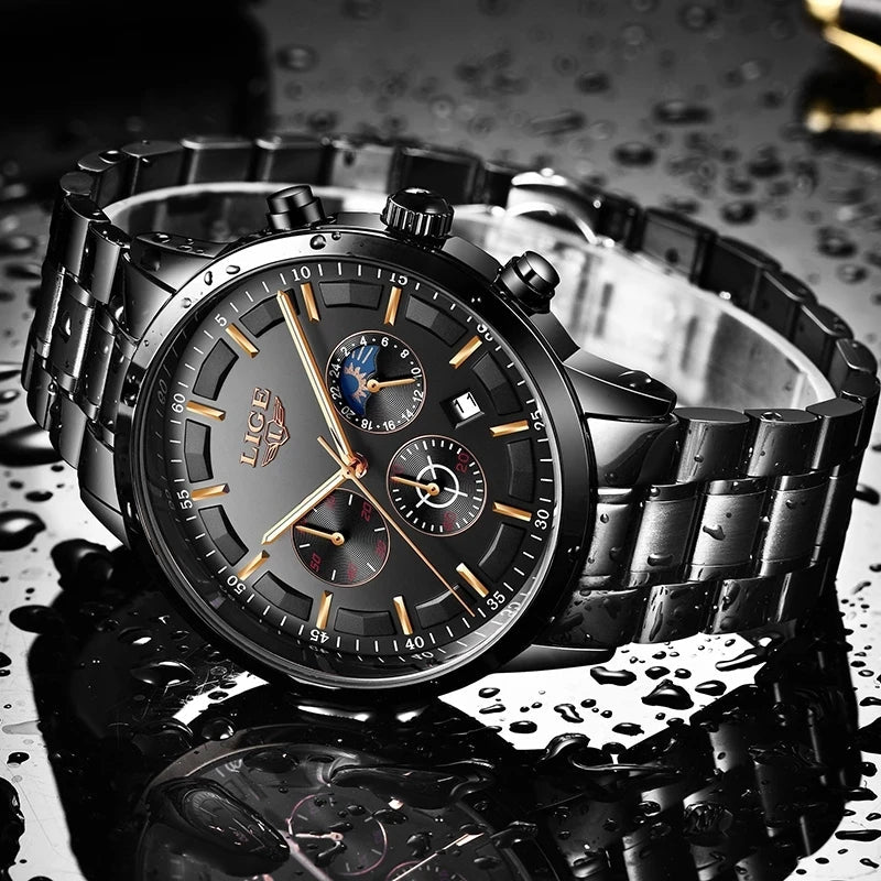 Military-Inspired Men's Watch with Black Steel Construction