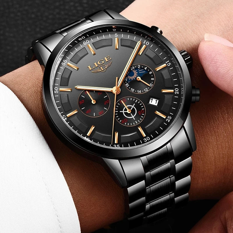 Military-Inspired Men's Watch with Black Steel Construction