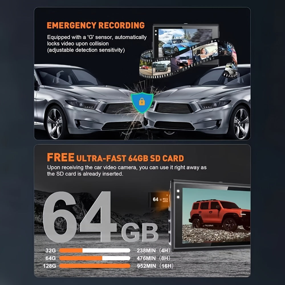 Dual Lens Car Dash Camera with LED Screen and Rechargeable Battery