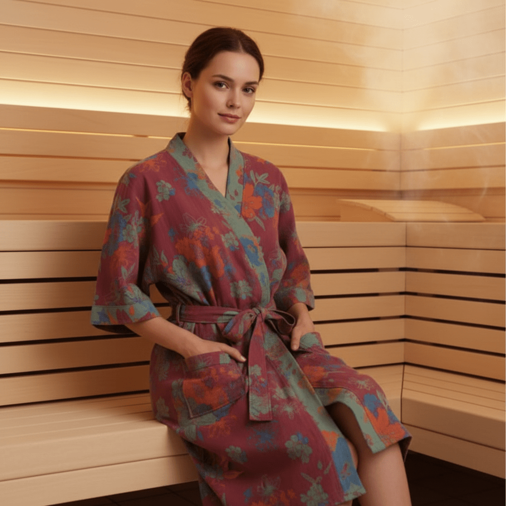Organic Cotton Kimono Bathrobe with Ginkgo Leaf Design