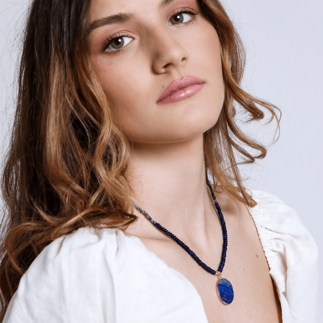 Round Lapis Lazuli Necklace with Golden Inclusions