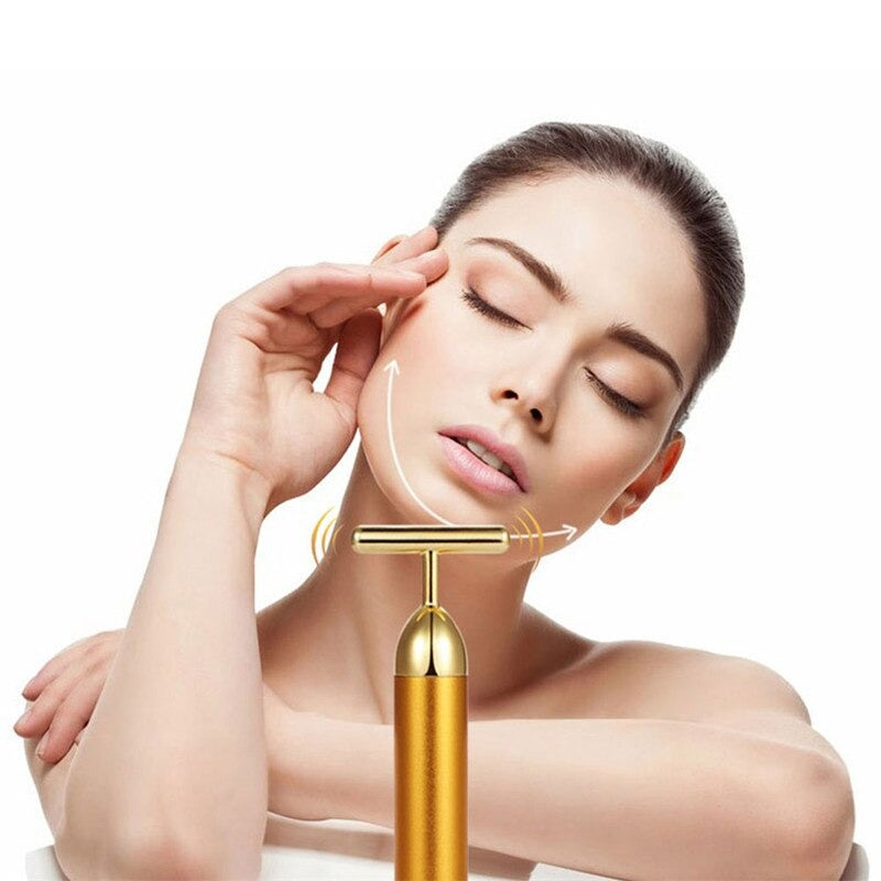 Gold T-Bar Facial Roller Massager with Vibration Therapy