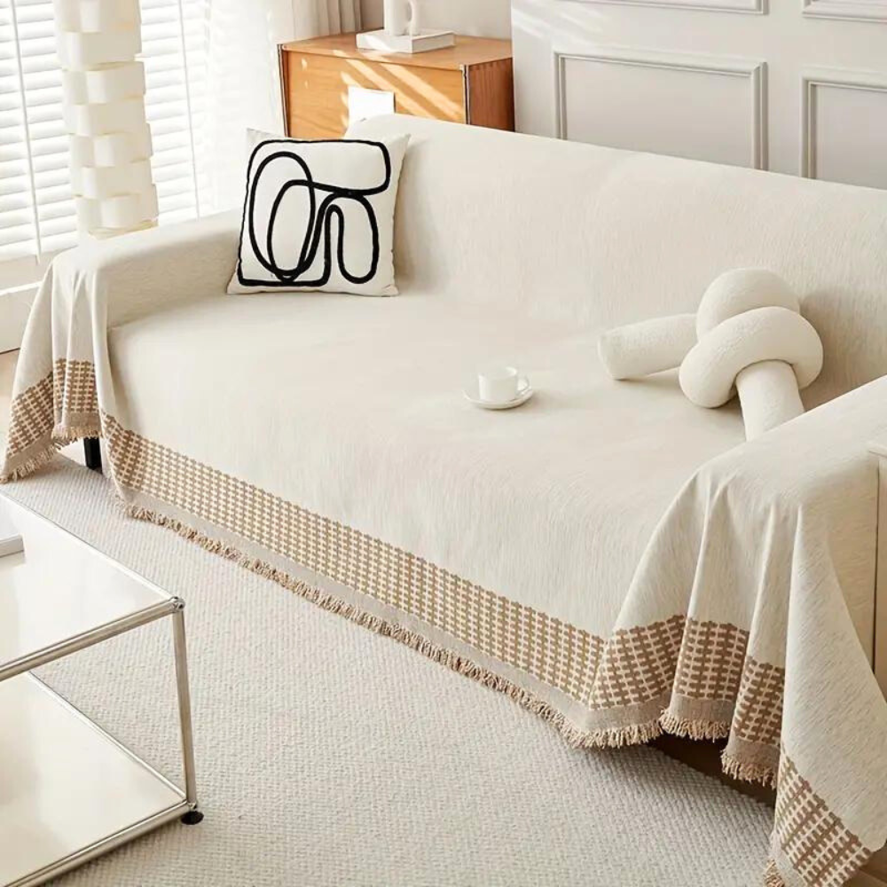 Rustic Cotton Chenille Sofa Protector with Tassels