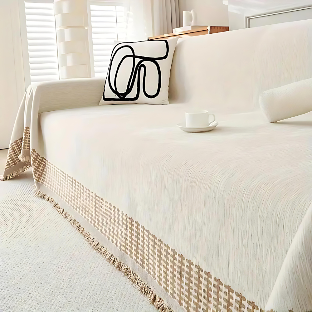 Rustic Cotton Chenille Sofa Protector with Tassels