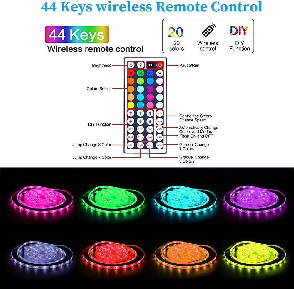 RGB LED Light Strip with Music Sync and Bluetooth Control, 100ft/50ft