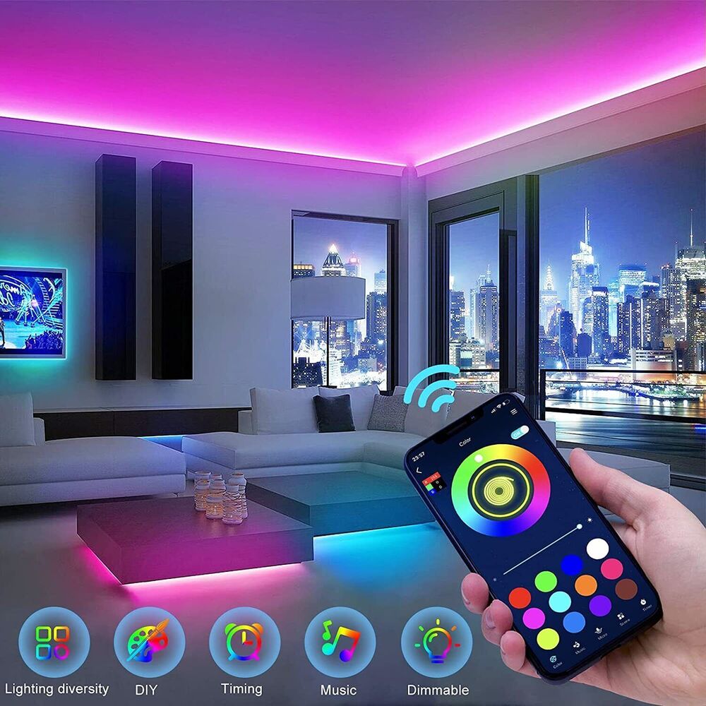RGB LED Light Strip with Music Sync and Bluetooth Control, 100ft/50ft