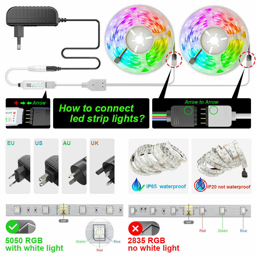 RGB LED Light Strip with Music Sync and Bluetooth Control, 100ft/50ft