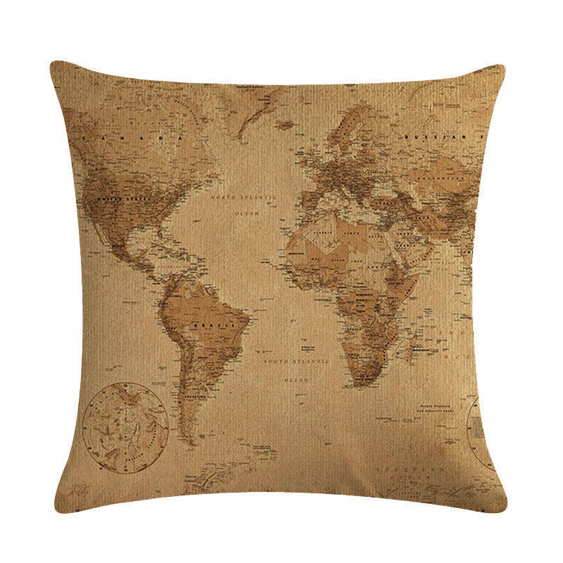 Vintage World Map Throw Pillow Cover 18x18 Eco-Friendly Cotton Linen