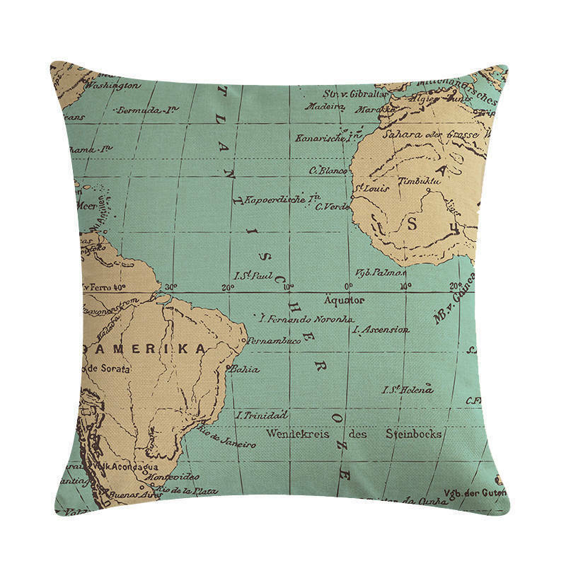 Vintage World Map Throw Pillow Cover 18x18 Eco-Friendly Cotton Linen