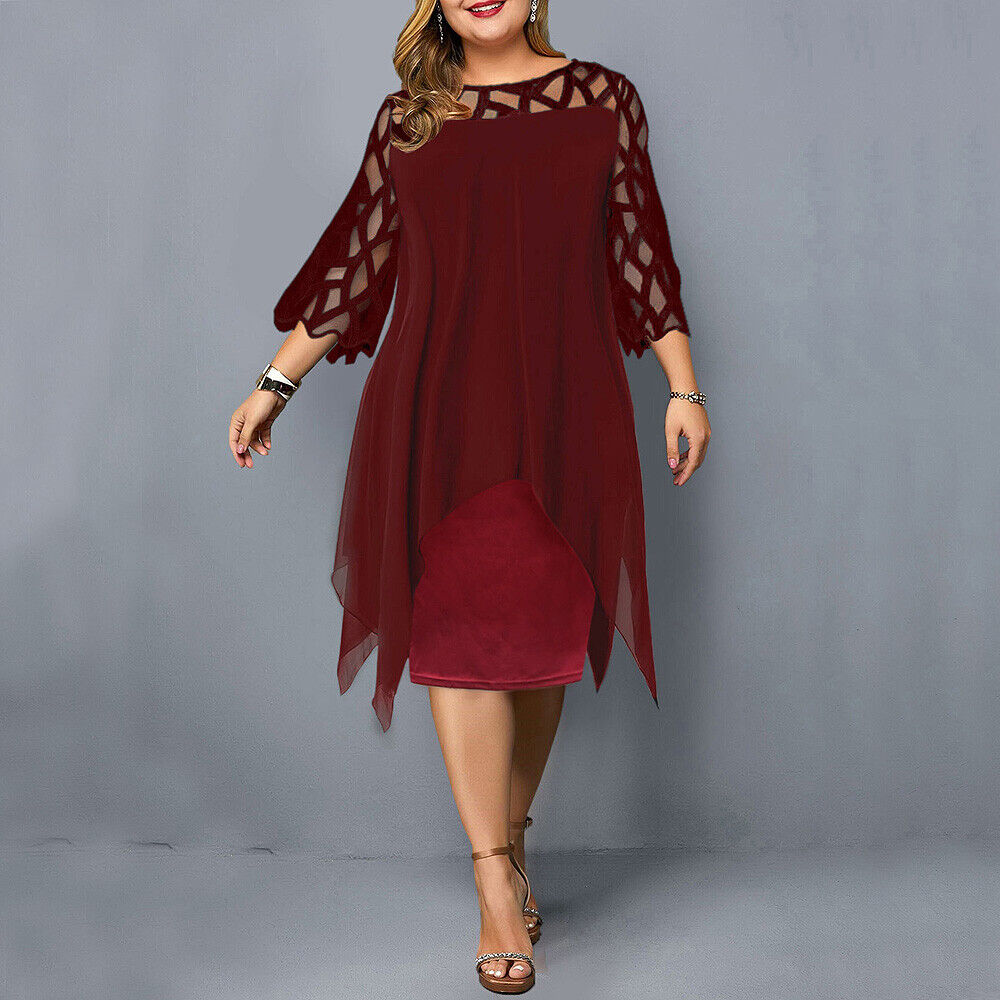Plus Size Elegant Midi Dress with Lace Sleeves