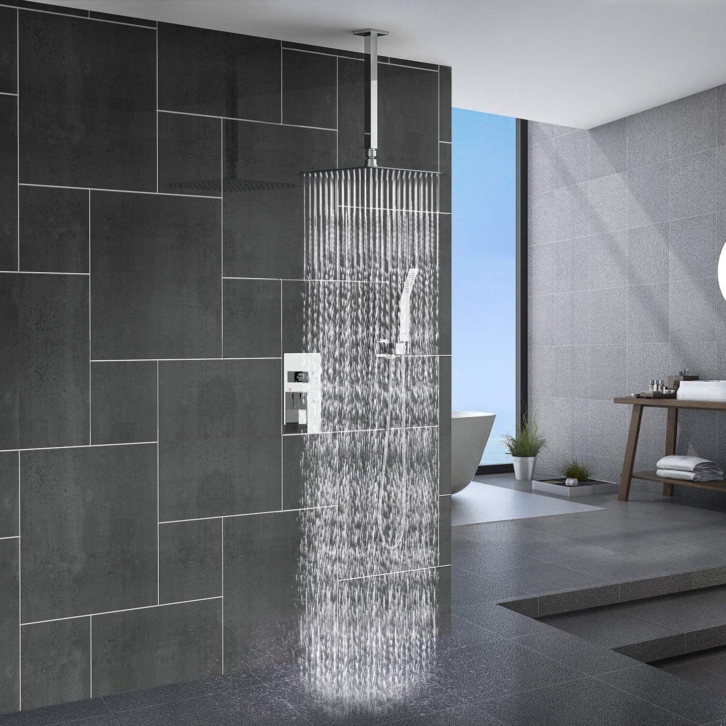 Wall-Mounted Ultra Slim Rain Shower System with Adjustable Arm and Hose