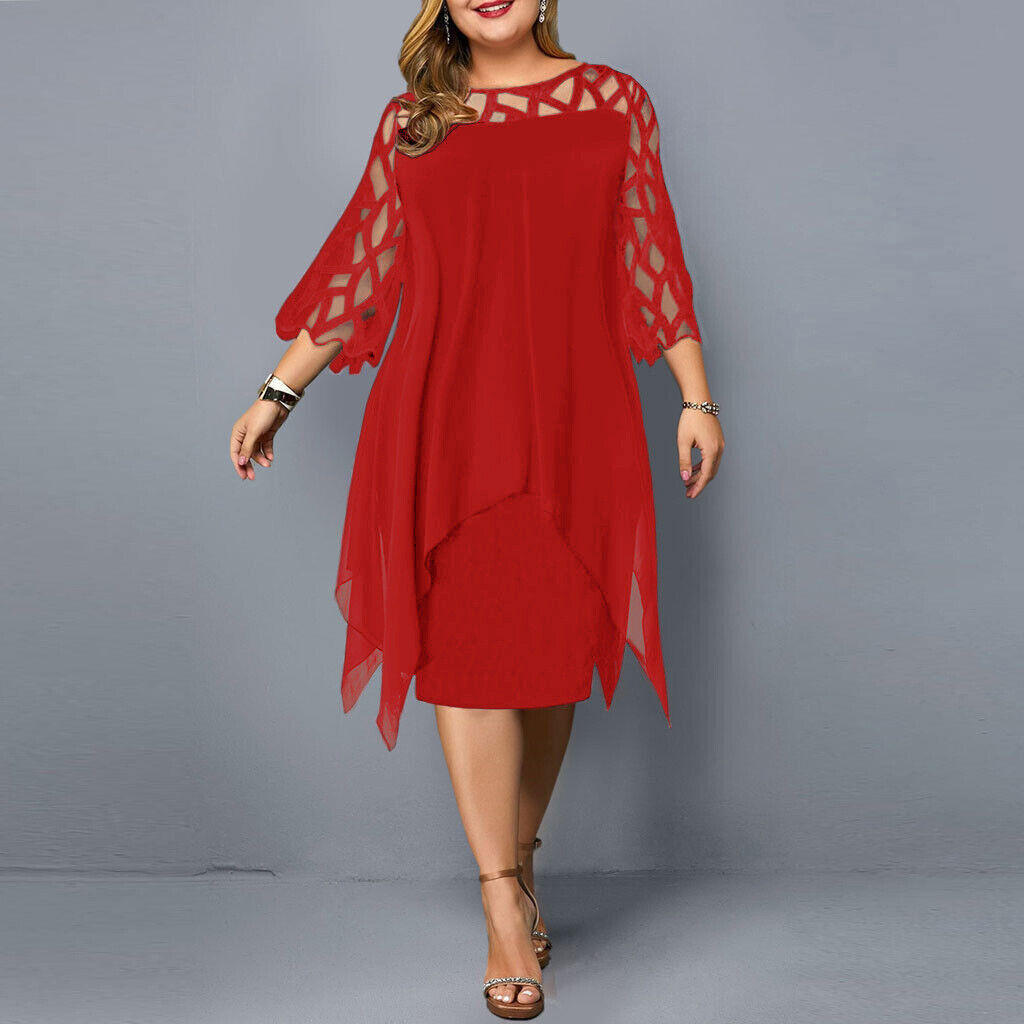 Plus Size Elegant Midi Dress with Lace Sleeves
