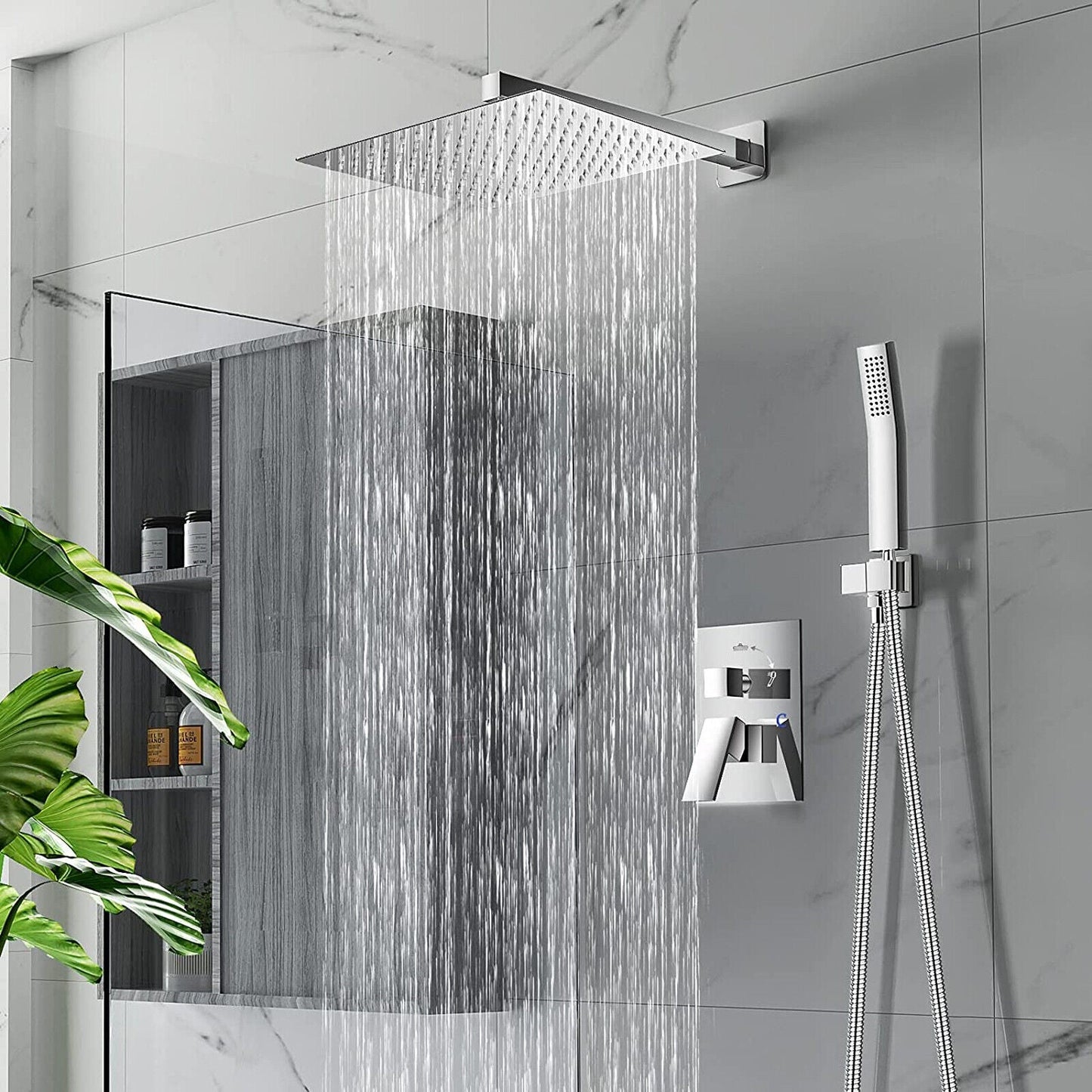 Wall-Mounted Ultra Slim Rain Shower System with Adjustable Arm and Hose