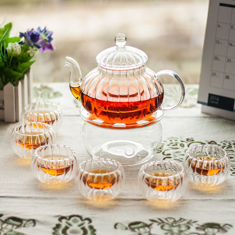 Clear Borosilicate Glass Teapot Set with 6 Cups and Candle Holder