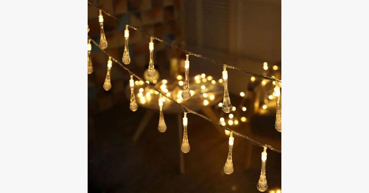 Solar-Powered Waterproof Raindrop String Lights - 30 LEDs, 19.6 ft