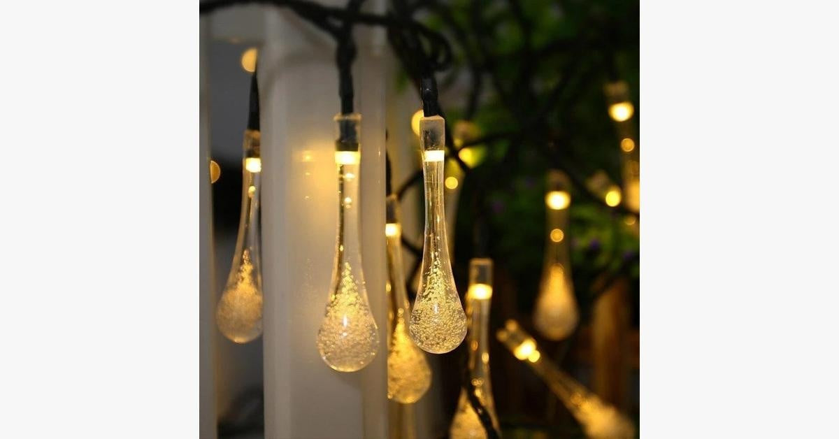 Solar-Powered Waterproof Raindrop String Lights - 30 LEDs, 19.6 ft