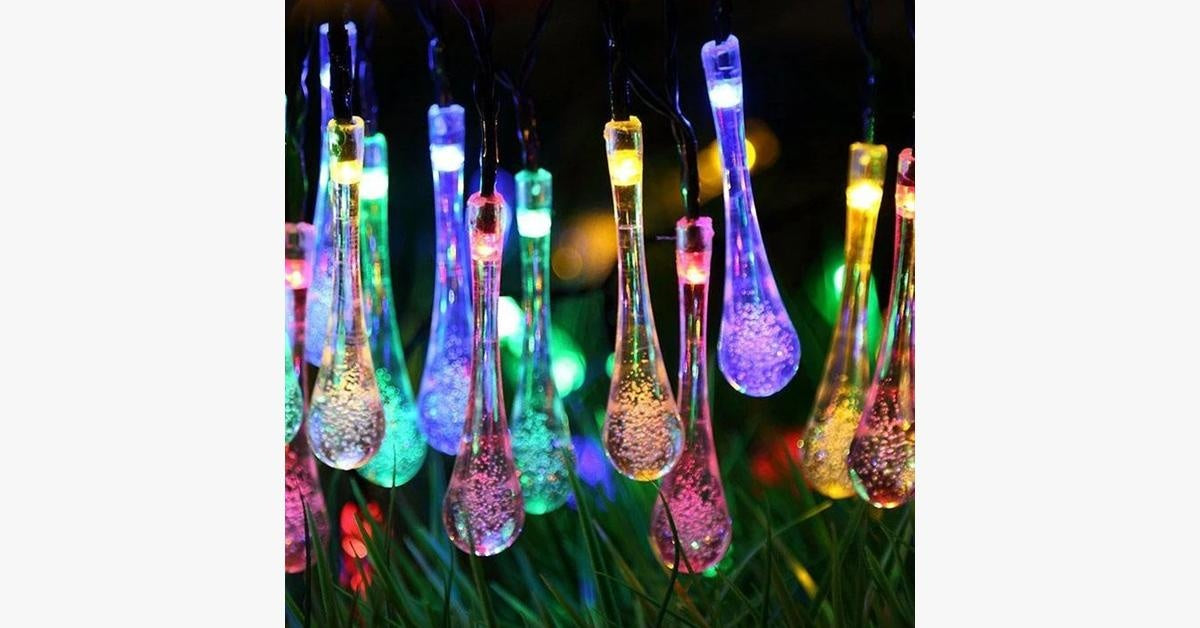 Solar-Powered Waterproof Raindrop String Lights - 30 LEDs, 19.6 ft