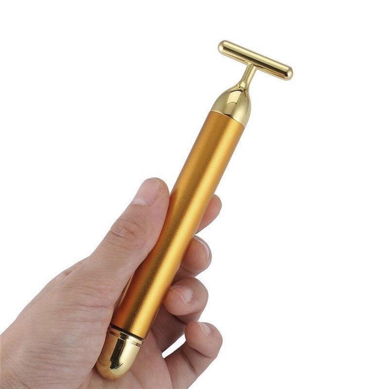 Gold T-Bar Facial Roller Massager with Vibration Therapy