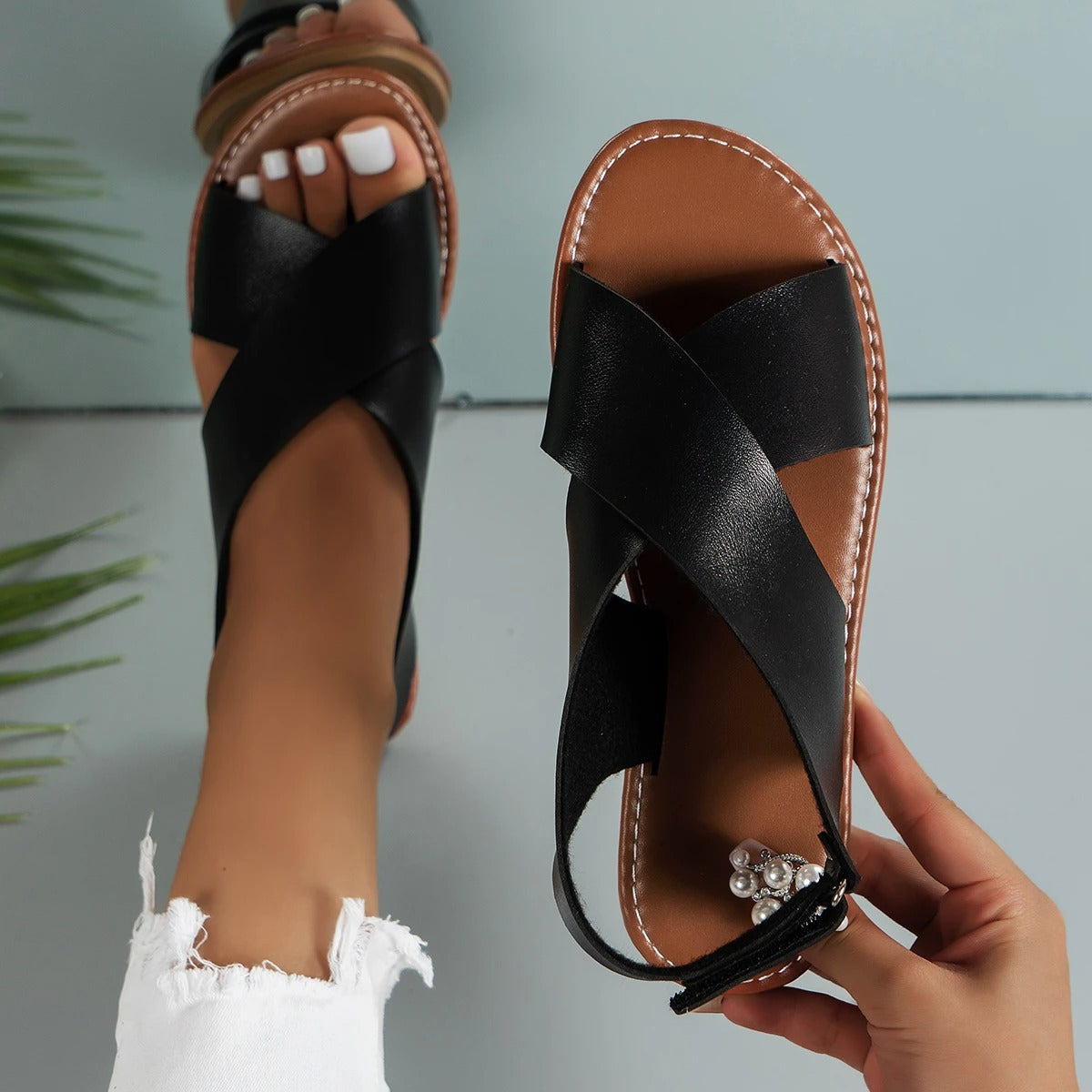 Women's Adjustable Leather Sandals with Buckle