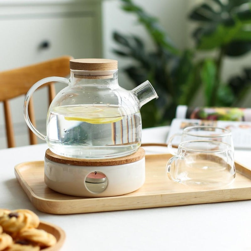 Scandinavian Borosilicate Glass Teapot Set with Oak Tray and Cups