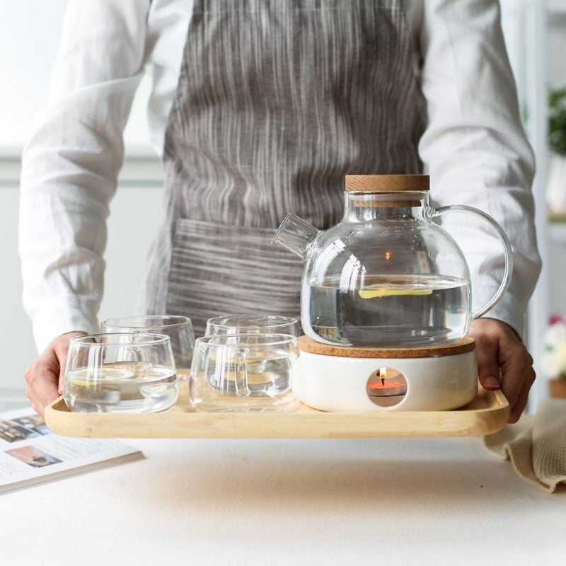 Scandinavian Borosilicate Glass Teapot Set with Oak Tray and Cups