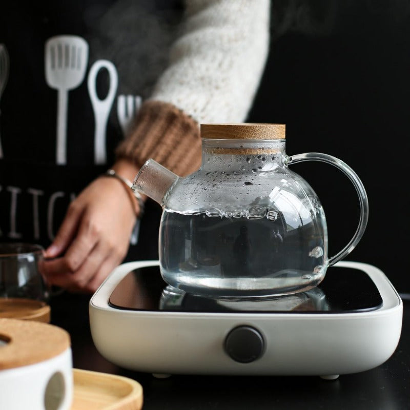Scandinavian Borosilicate Glass Teapot Set with Oak Tray and Cups