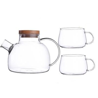 Scandinavian Borosilicate Glass Teapot Set with Oak Tray and Cups