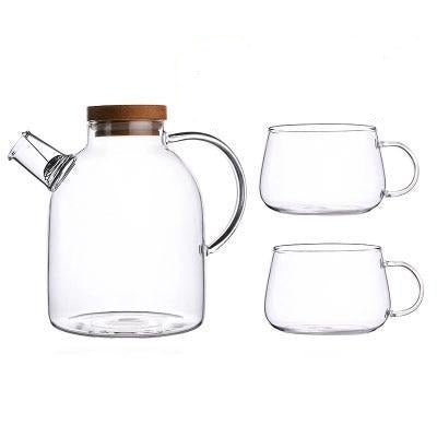 Scandinavian Borosilicate Glass Teapot Set with Oak Tray and Cups