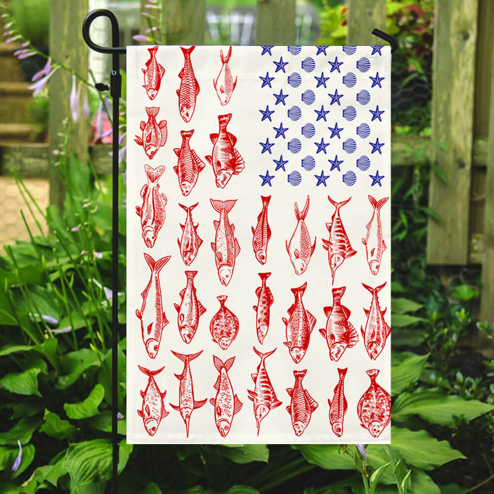 Fish & Sea Shells American Flag - Nautical Summer Decor for Independence Day