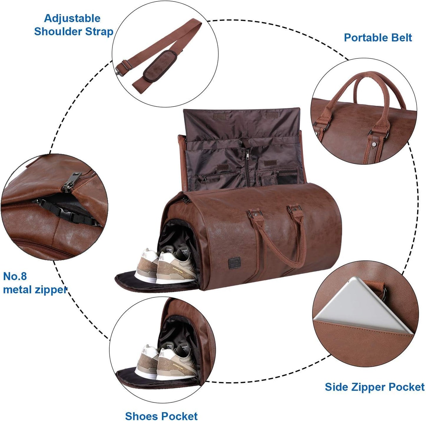 Convertible PU Leather Garment Duffel Bag with Shoe Compartment
