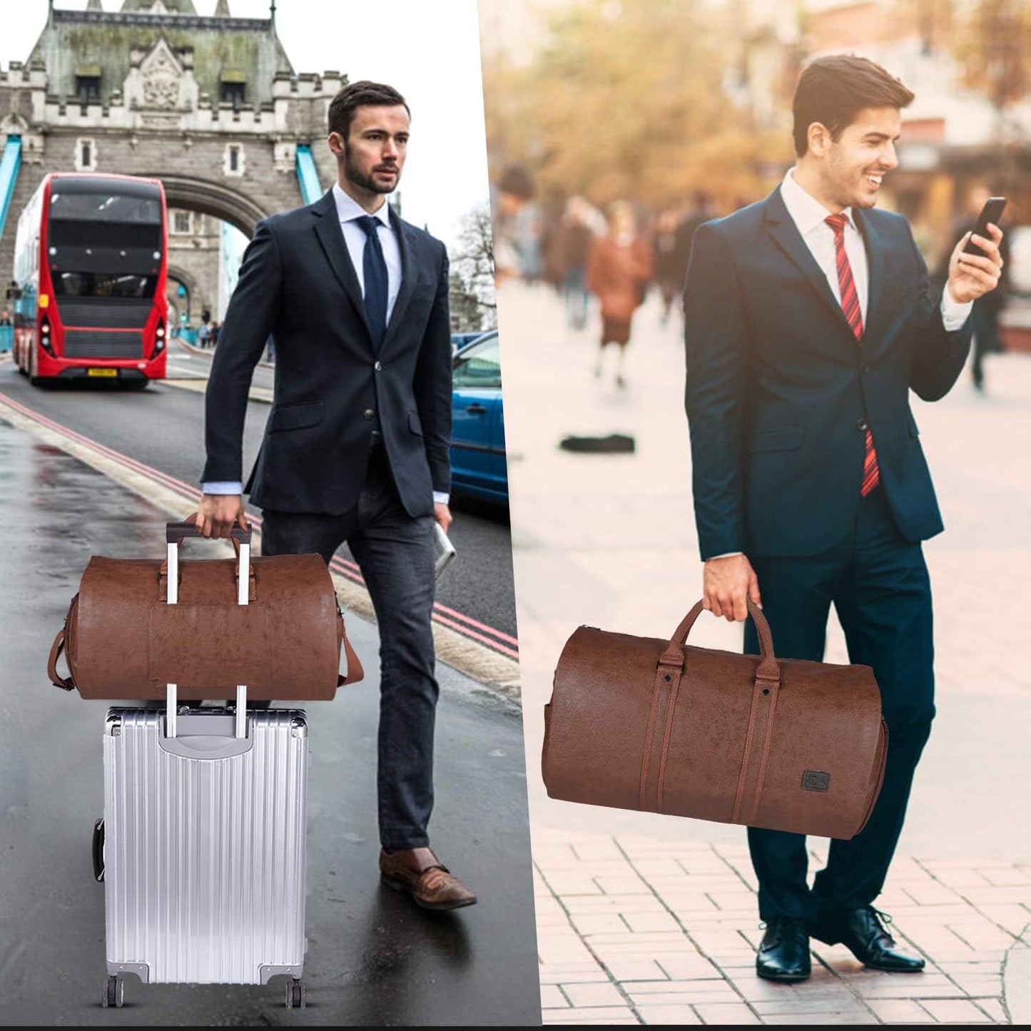 Convertible PU Leather Garment Duffel Bag with Shoe Compartment