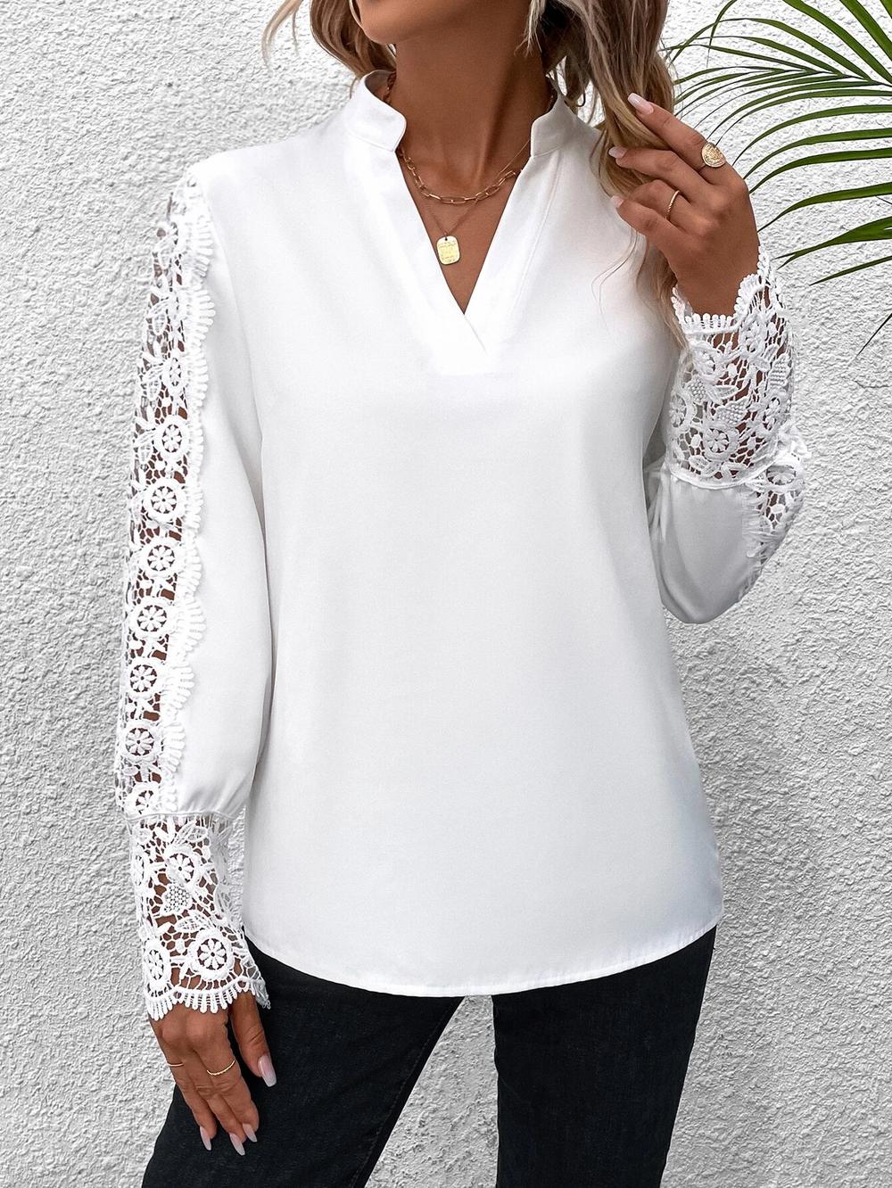 Long Sleeve Lace Detail Blouse with V-Neck
