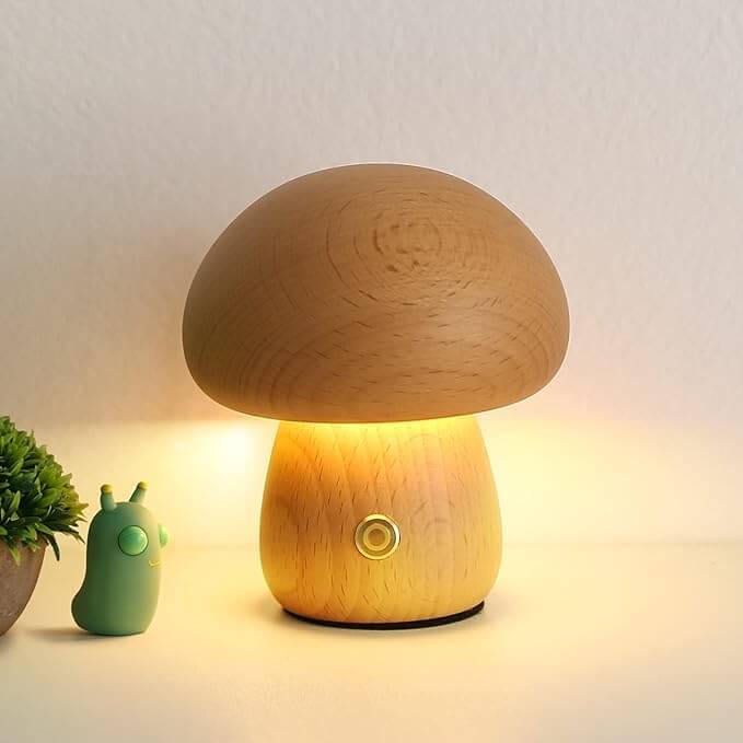 Rechargeable Portobello Mushroom Night Light with Natural Wood Base