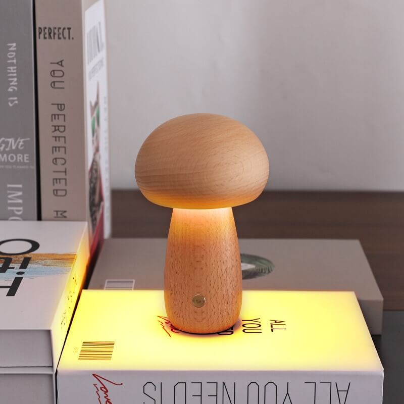 Rechargeable Portobello Mushroom Night Light with Natural Wood Base
