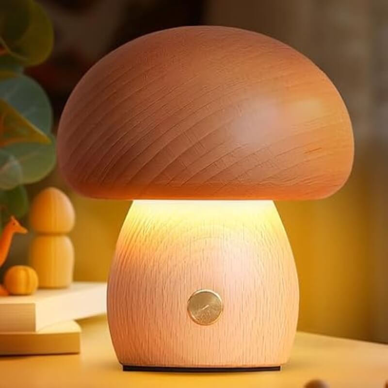 Rechargeable Portobello Mushroom Night Light with Natural Wood Base