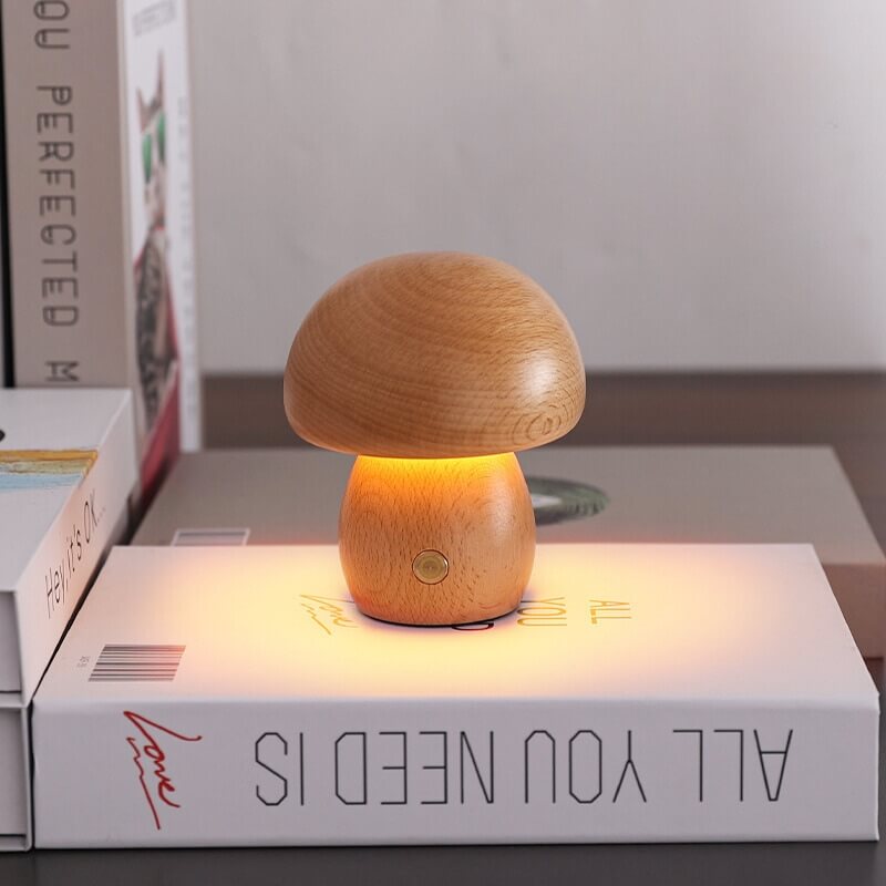 Rechargeable Portobello Mushroom Night Light with Natural Wood Base