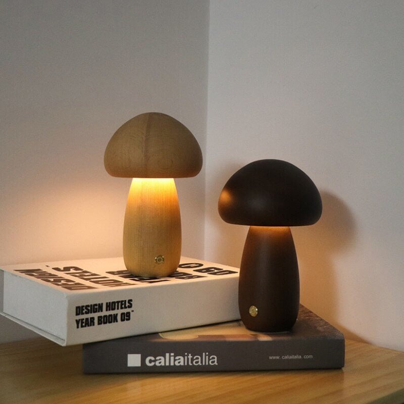 Rechargeable Portobello Mushroom Night Light with Natural Wood Base