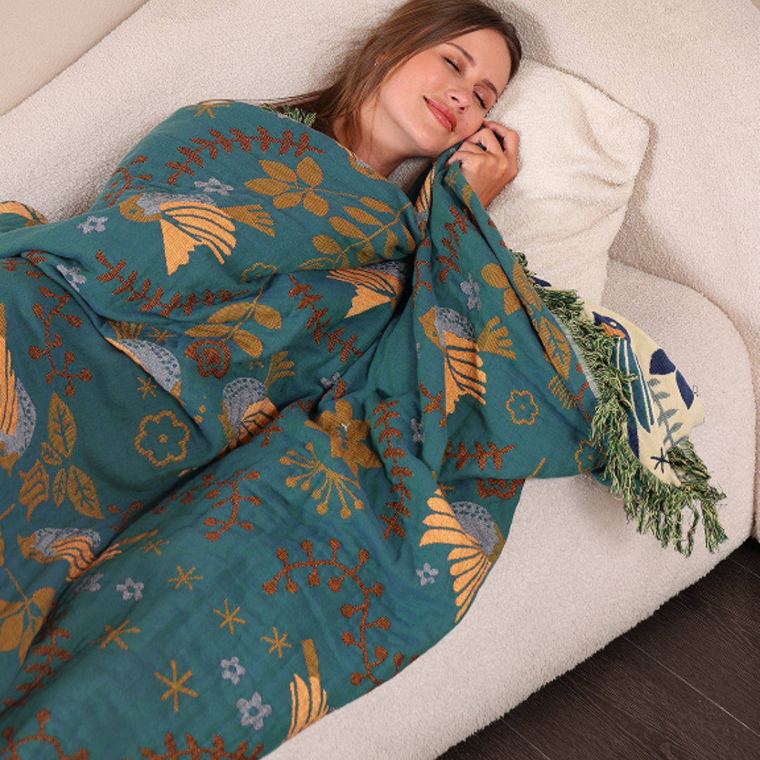Reversible Cotton Scandinavian Bird Throw Blanket
