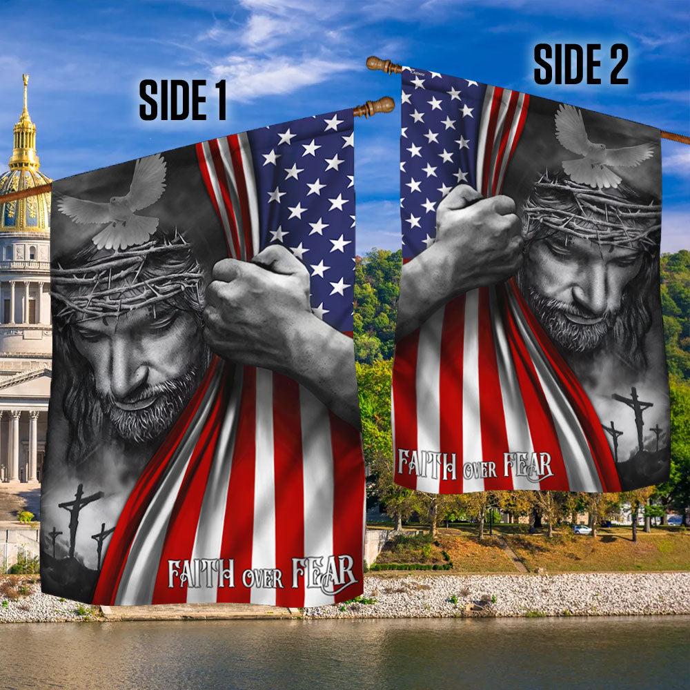 Double-Sided Jesus Flag - Faith Over Fear, Canvas Material, 3 Sizes Available
