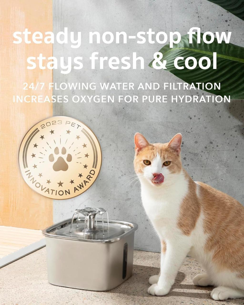 Stainless Steel Cat Water Fountain with LED Light and 5-Stage Filtration