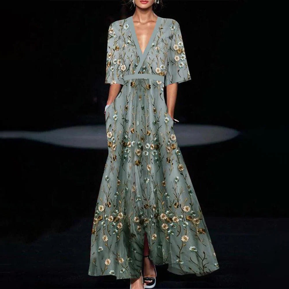 Green Maxi Dress with Half Sleeves for Summer Elegance