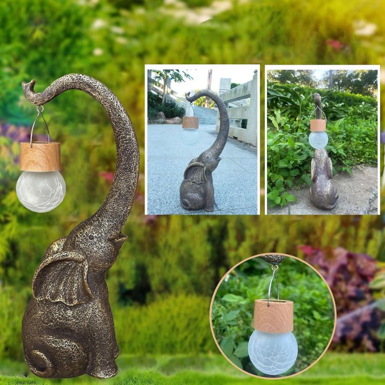Solar-Powered Copper Elephant Garden Lamp