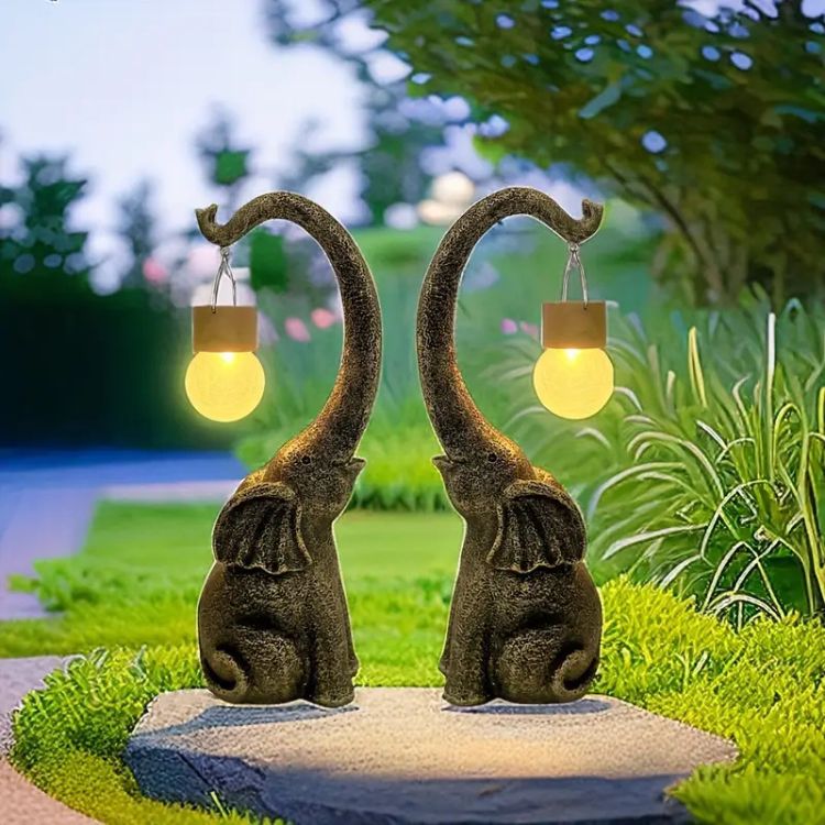 Solar-Powered Copper Elephant Garden Lamp