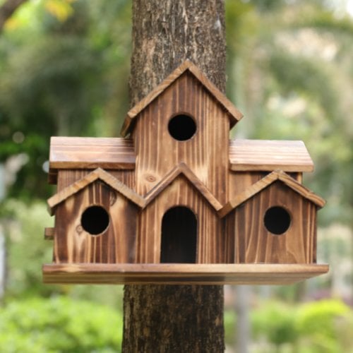 Birdhouse with 6 Entrance Holes and Hemp Rope for Garden Birds