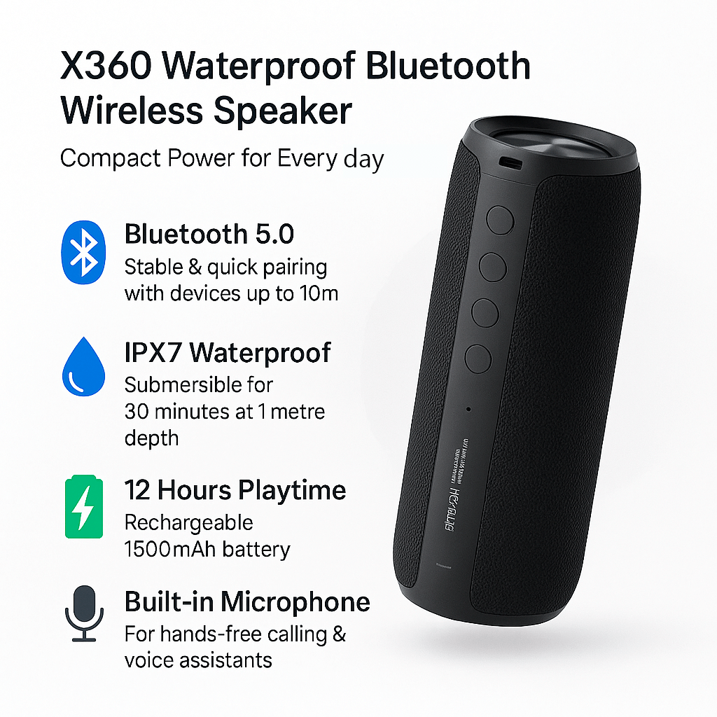 Waterproof Wireless Bluetooth Speaker with Deep Bass and Long Battery Life