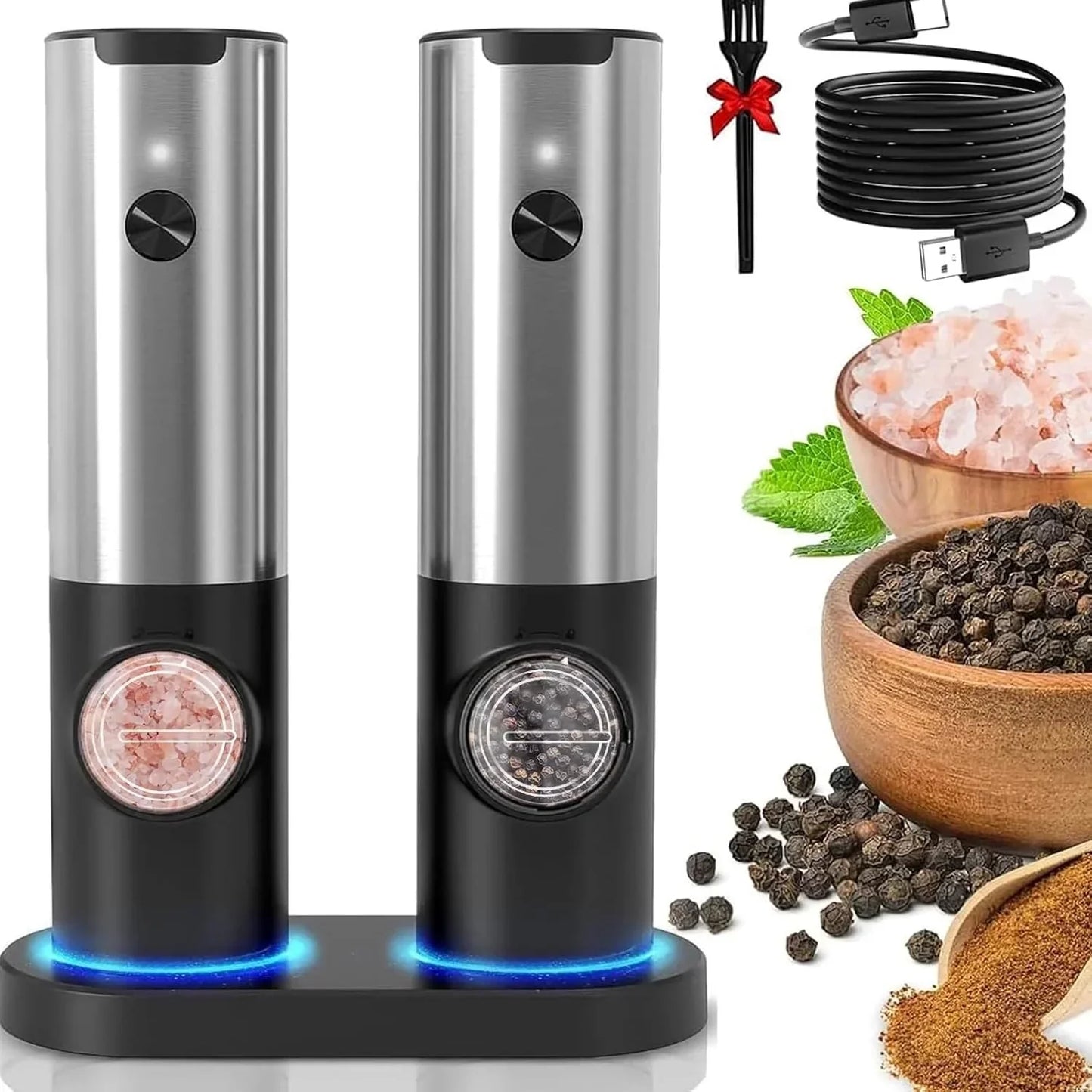 Electric Salt and Pepper Mill with LED Light and Rechargeable Battery