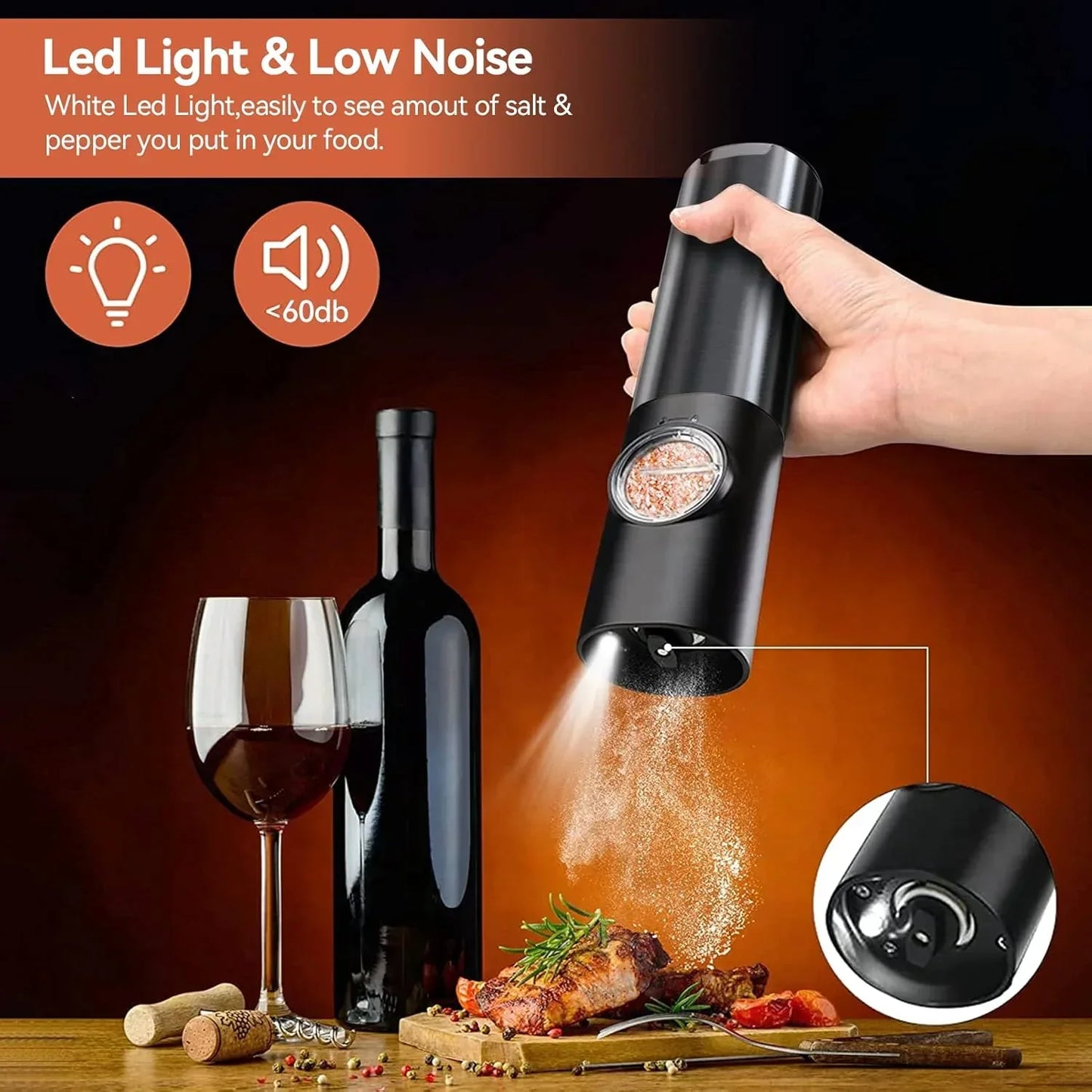 Electric Salt and Pepper Mill with LED Light and Rechargeable Battery