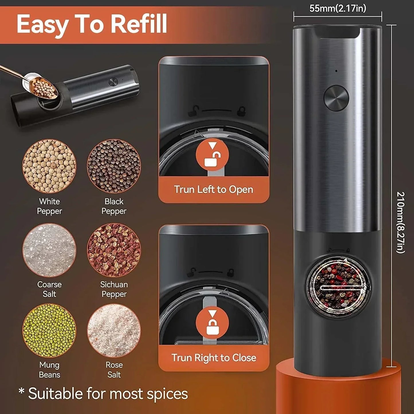 Electric Salt and Pepper Mill with LED Light and Rechargeable Battery