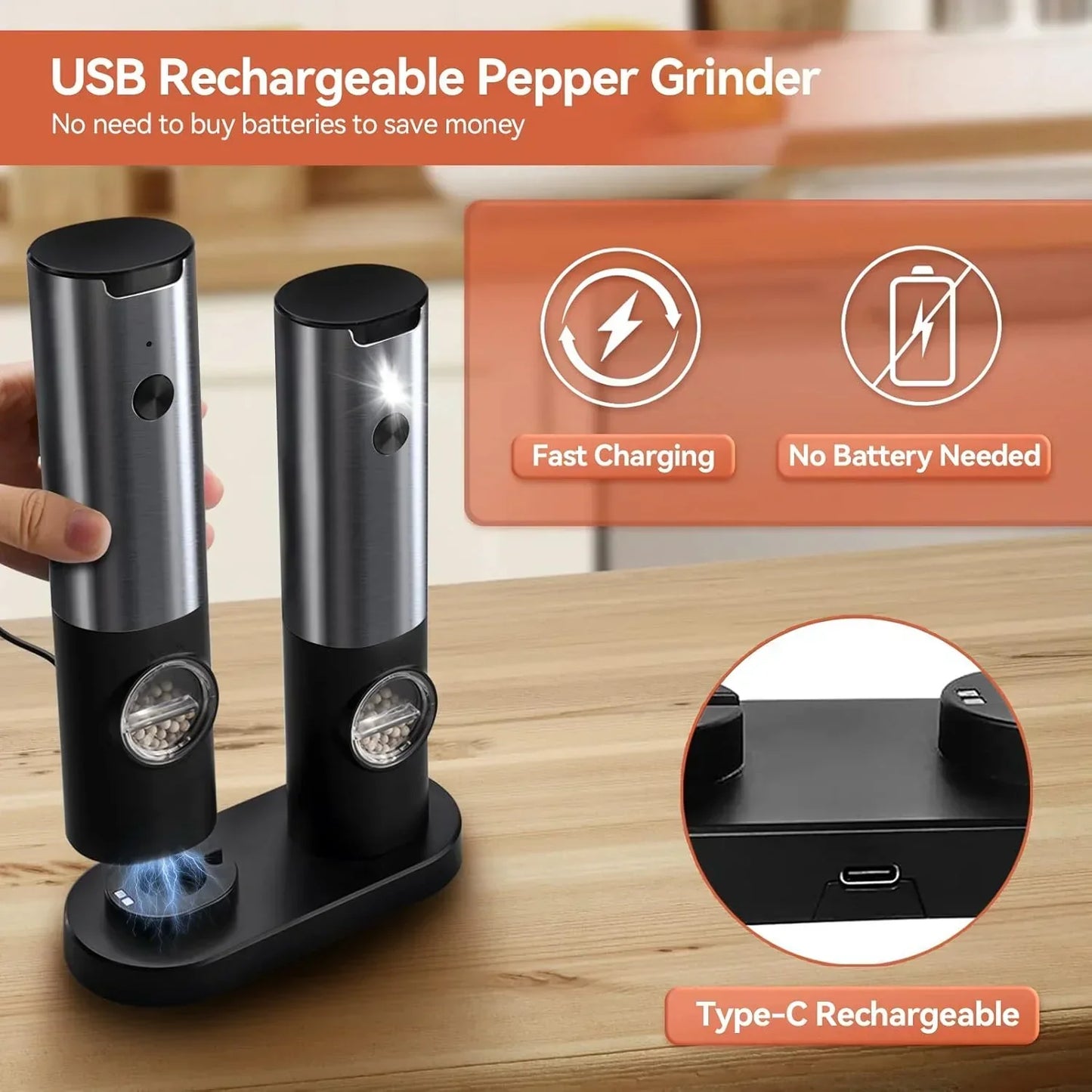 Electric Salt and Pepper Mill with LED Light and Rechargeable Battery