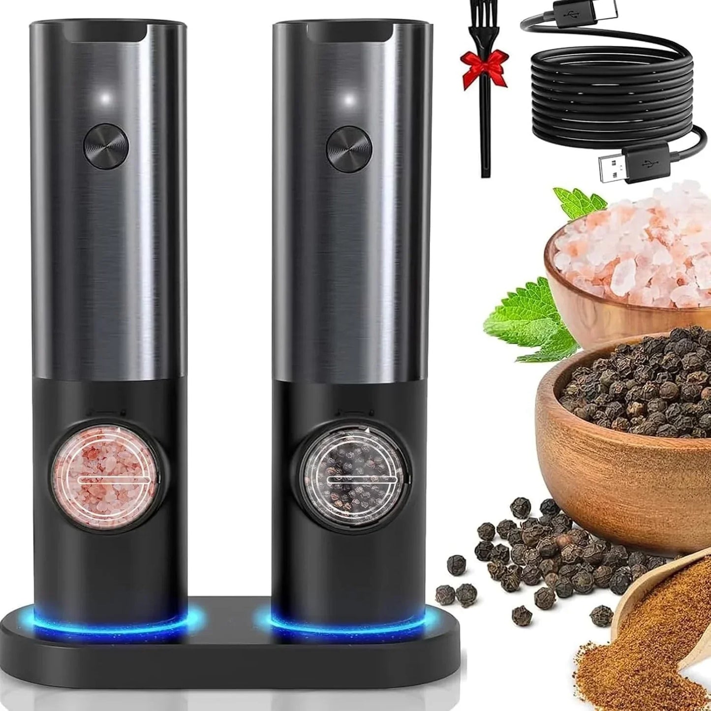 Electric Salt and Pepper Mill with LED Light and Rechargeable Battery